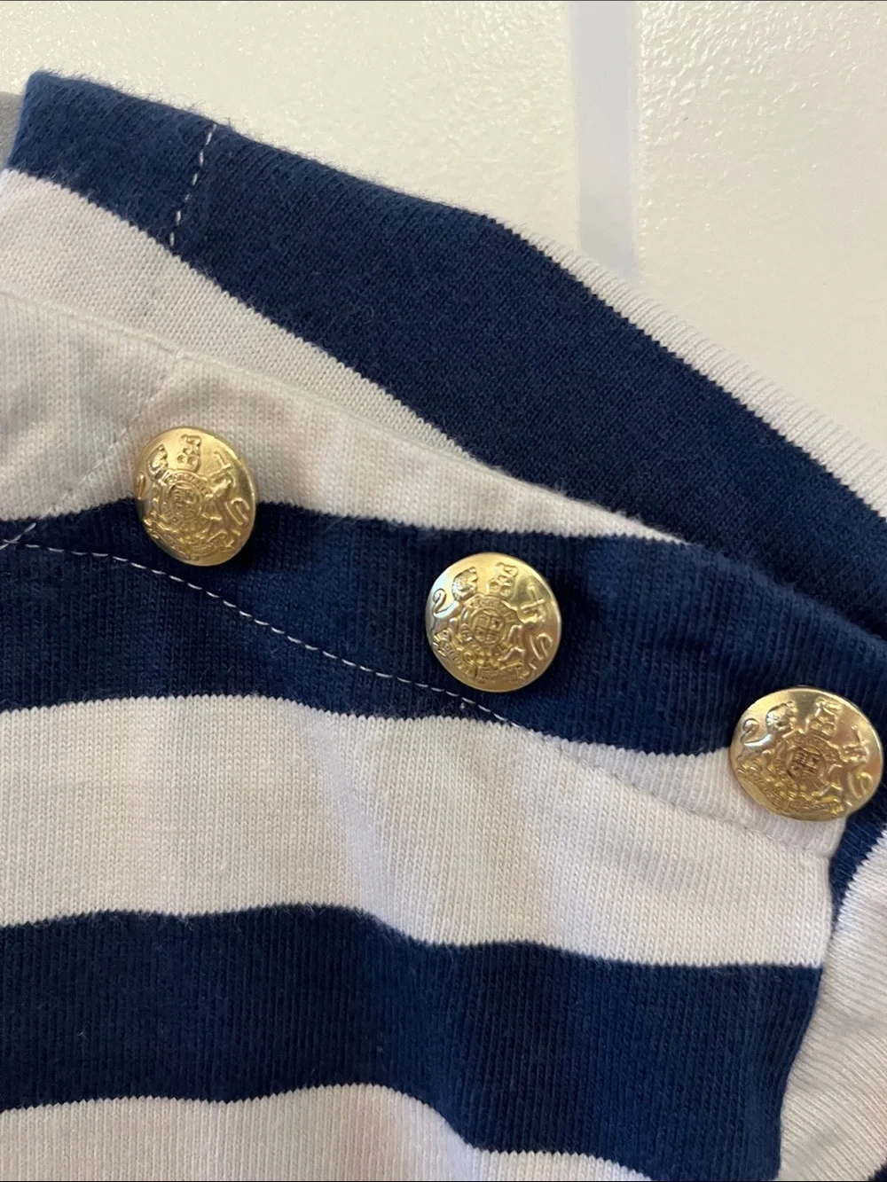 J. Crew Navy & White Striped Short Sleeve Tee with Gold Shoulder Buttons
